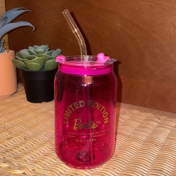 Barbie Drinking Glasses Pink Barbie Glass Cups lids straws Barbie X Dragon 🆕 🎀 - Picture 10 of 13